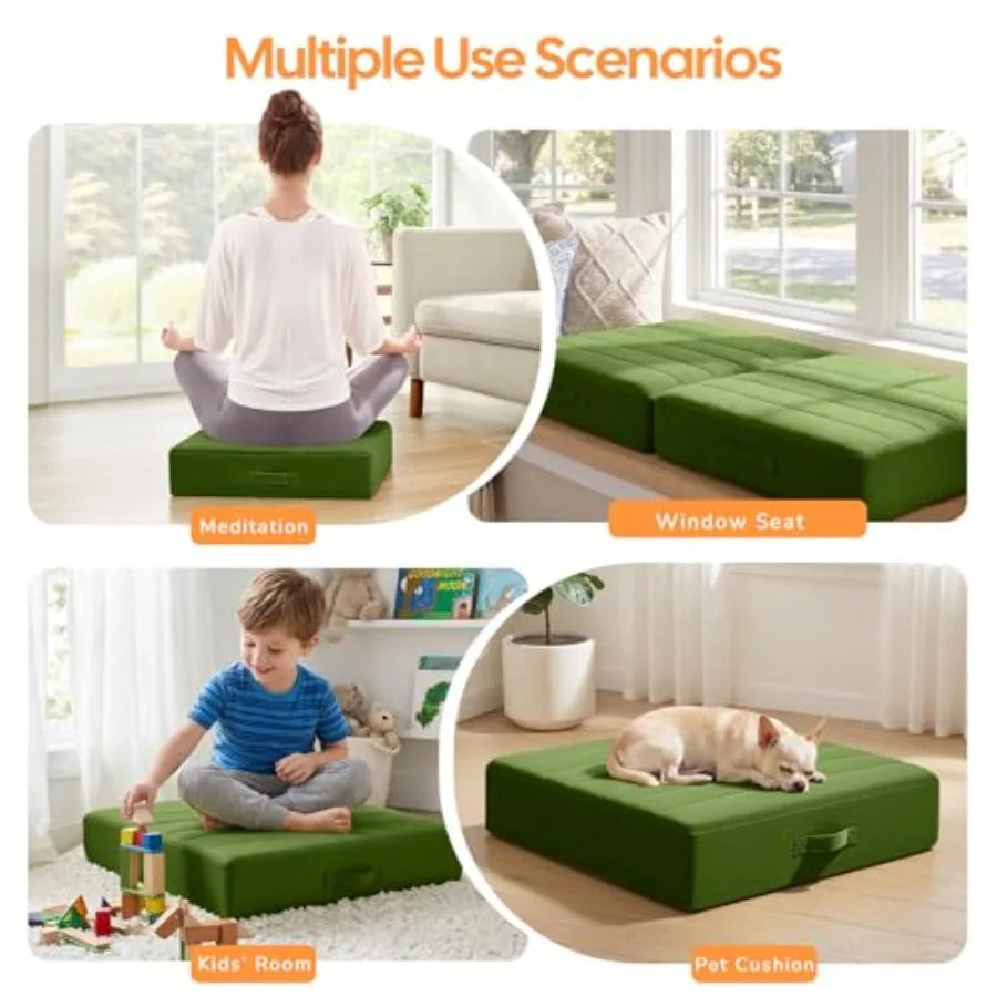 Square Floor Pillows for Adults,Sets Large Meditation Cushion with 5" Thick Foam and Washable Tufted Cover, Green Seat Floor Cu
