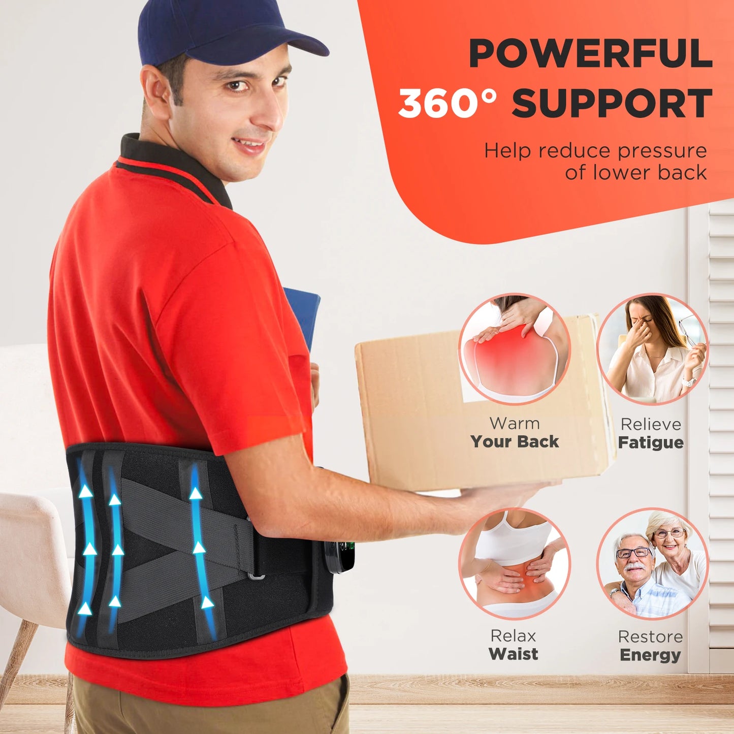 Heating Vibration Massager Belt, Red Light Hot Compress Waist Support Brace Waist Back Massage Lumbar Support Belt