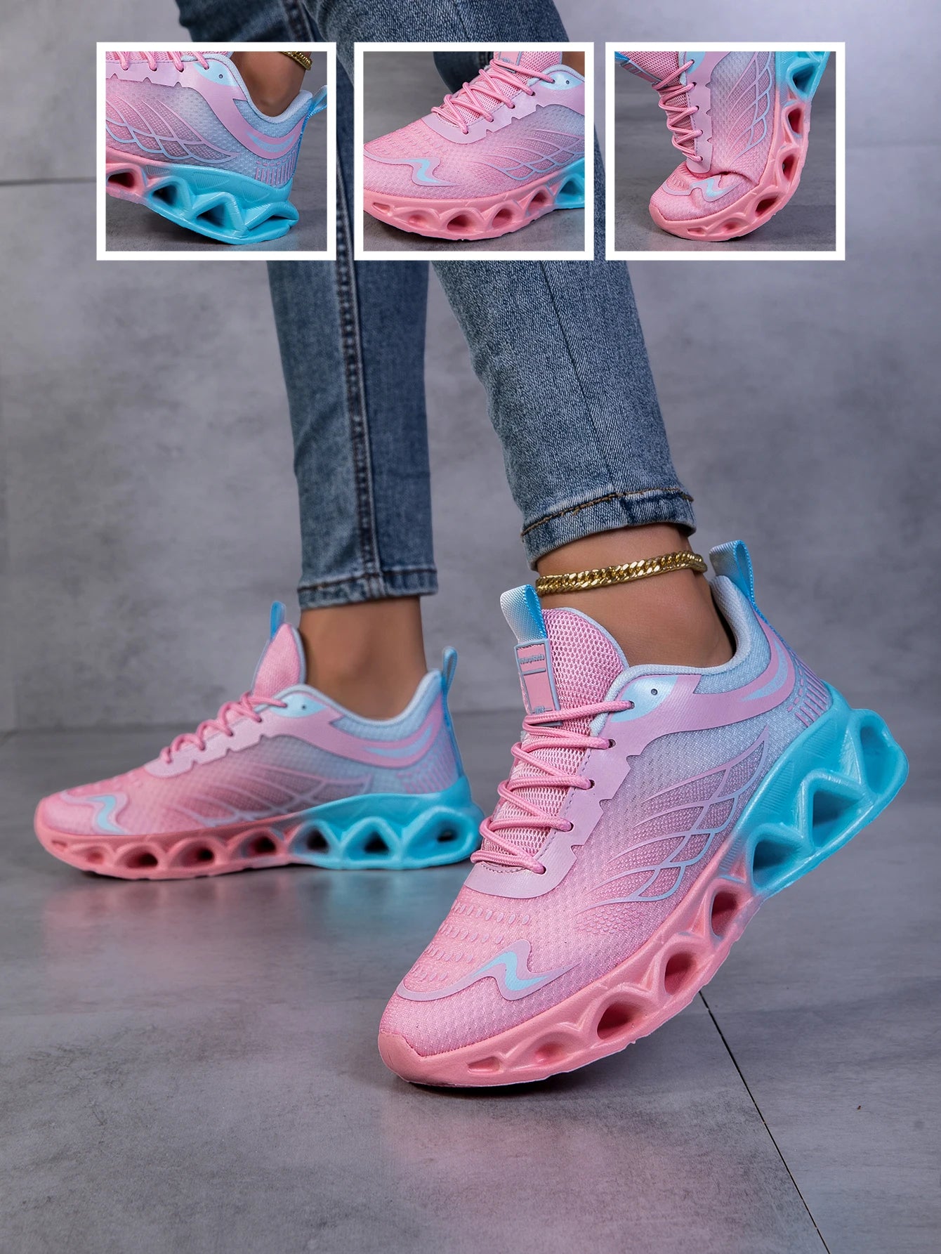 Women Gradient Mesh Running Sneakers, Breathable Hollow Shock Absorbing Blade Sole Athletic Shoes, Lightweight Fashion Non Slip Walking Sports Trainers