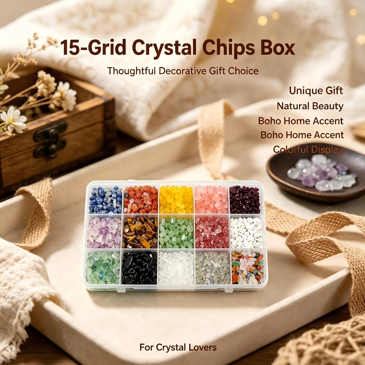 1 box of natural crystal broken stones, 15 styles, polished irregular shapes, mixed colors, suitable for jewelry making, gifts, gemstone fragments bead, non porous and diverse natural materials, random styles
