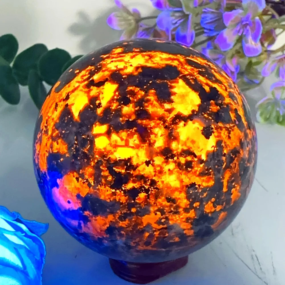 1pc Natural Yooperlite Flame Stone Glowing Sphere with Marbling, Chakra Energy Crystal, Wicca Spiritual Witchcraft Healing Stone
