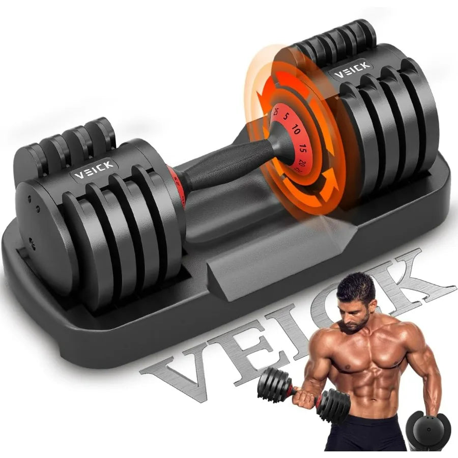 25 lbs Adjustable Dumbbell with Anti-Slip Turning Handle, Fast Adjust Weight for Men Women, Exercise Equipment with Tray for Hom