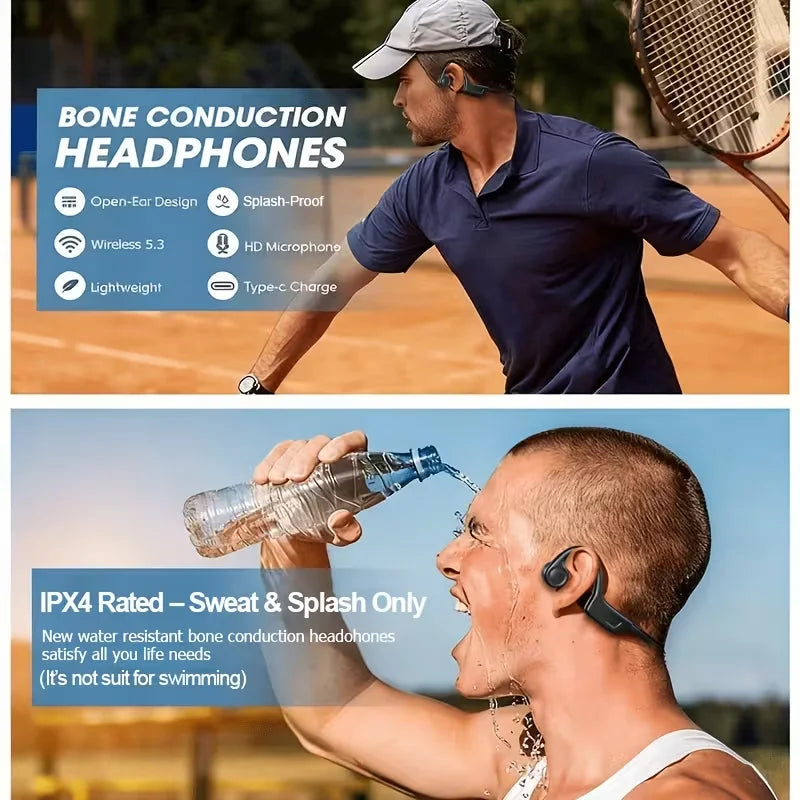 Open-ear Bone Conduction Headphones, Wireless Ear-hook Sports Headset with Microphone, 16 Hours Playback, BT 5.3 Stable Connection, HiFi Stereo, Hands-free Calling for Running & Cycling
