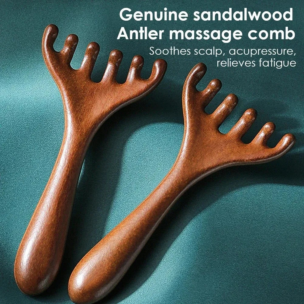 Natural Golden Sandalwood Five-Claw Scalp Massager Gua Sha Tool Back Scratcher Spa Handheld Meridian Massage Comb Hair Care 2035