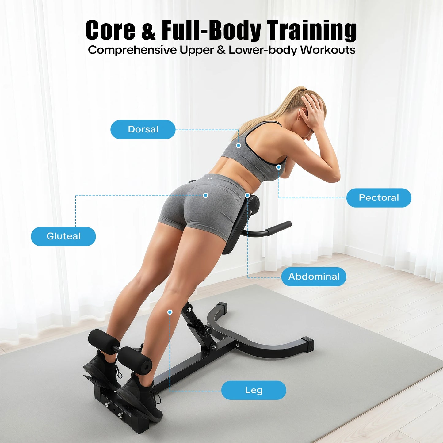 Back Extension Roman Chair Steel Frame Foldable Hyperextension Bench 5 Incline Angles 8 Adjustable Abdominal Pad Length 150Kg Load Capacity Multi-functional Core Workout Bench Anti-slip Handle Pedal Home Gym Fitness Equipment