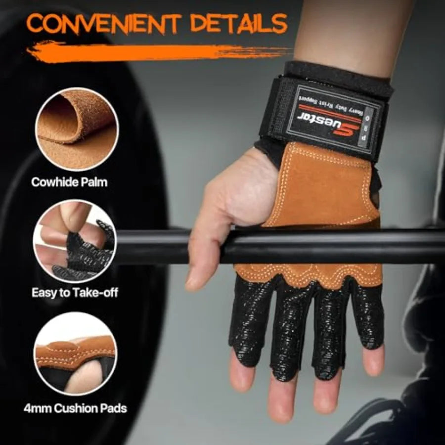Workout Gloves, Heavy Duty Cowhide Padded Weight Lifting Gloves with Wrist Support, Full Palm Protection and Silicone Grips Gym