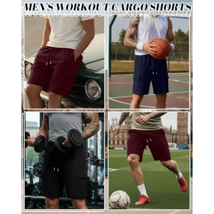 3 Pack Mens Cargo Shorts Summer Athletic 9" Sweat Shorts Drawstring Elastic Waist Bermuda Pants with 4 Pockets