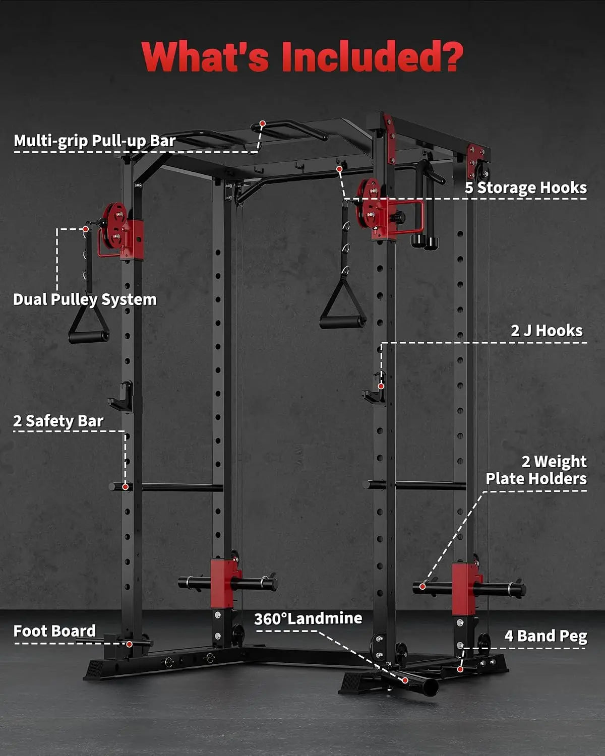 Multi-Functional Power Rack for Home Gym – Dual Pulley Cable System, 1200 lb Capacity Squat Cage with Training Attachments, Red