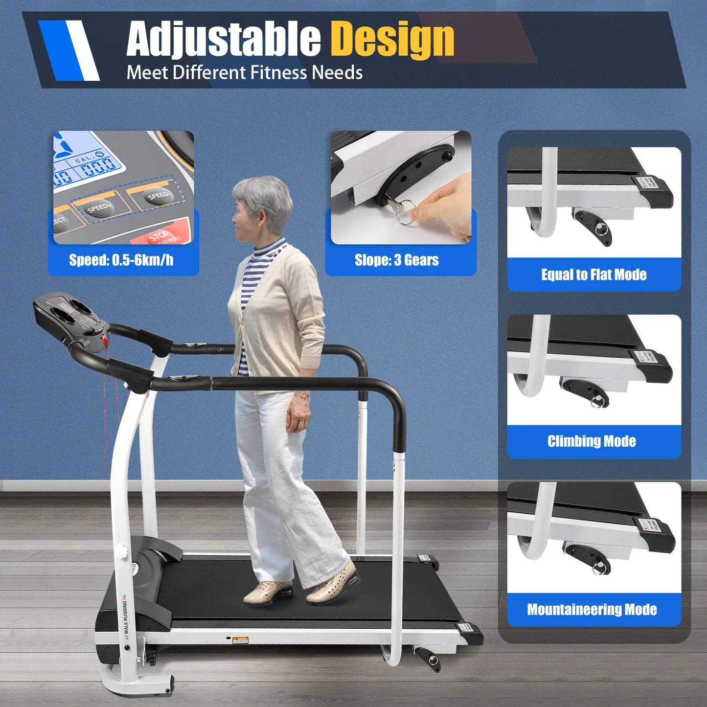 BulkHarbor Walking Treadmill with Long Handrail for Balance,  Recovery Fitness Exercise Machine Foldable,Adjustable Design