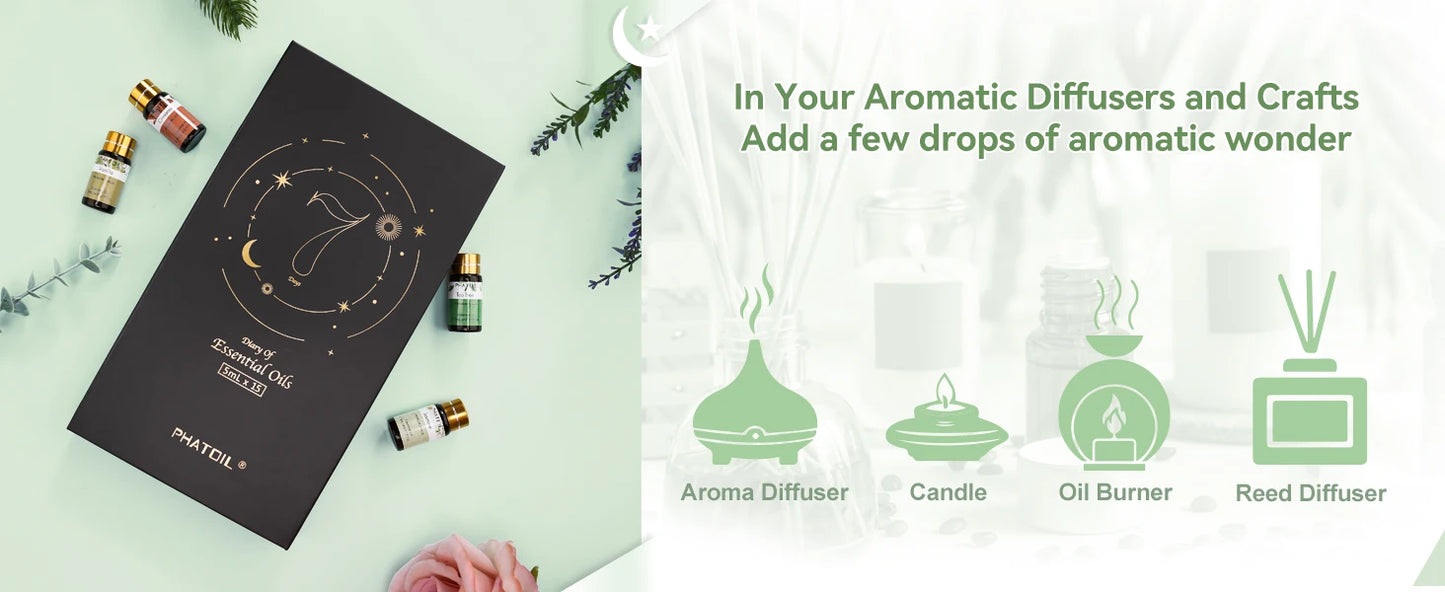 PHATOIL 15PCS Aromatherapy Essential Oil Set For Diffuser-5ml Cinnamon Lavender Eucalyptus Peppermint Lemon Vanilla Aroma Oils