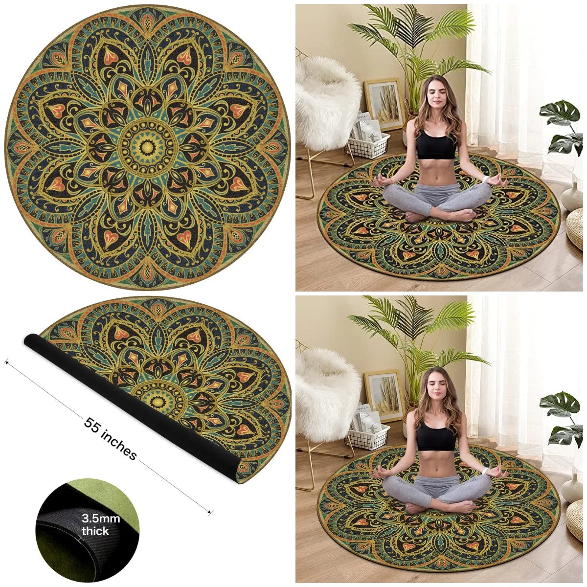 Large Round Yoga Mat 4.6'X3.5mm for Exercise Premium Extra Thick, Ultra Comfortable, Non Slip, Meditation Mat