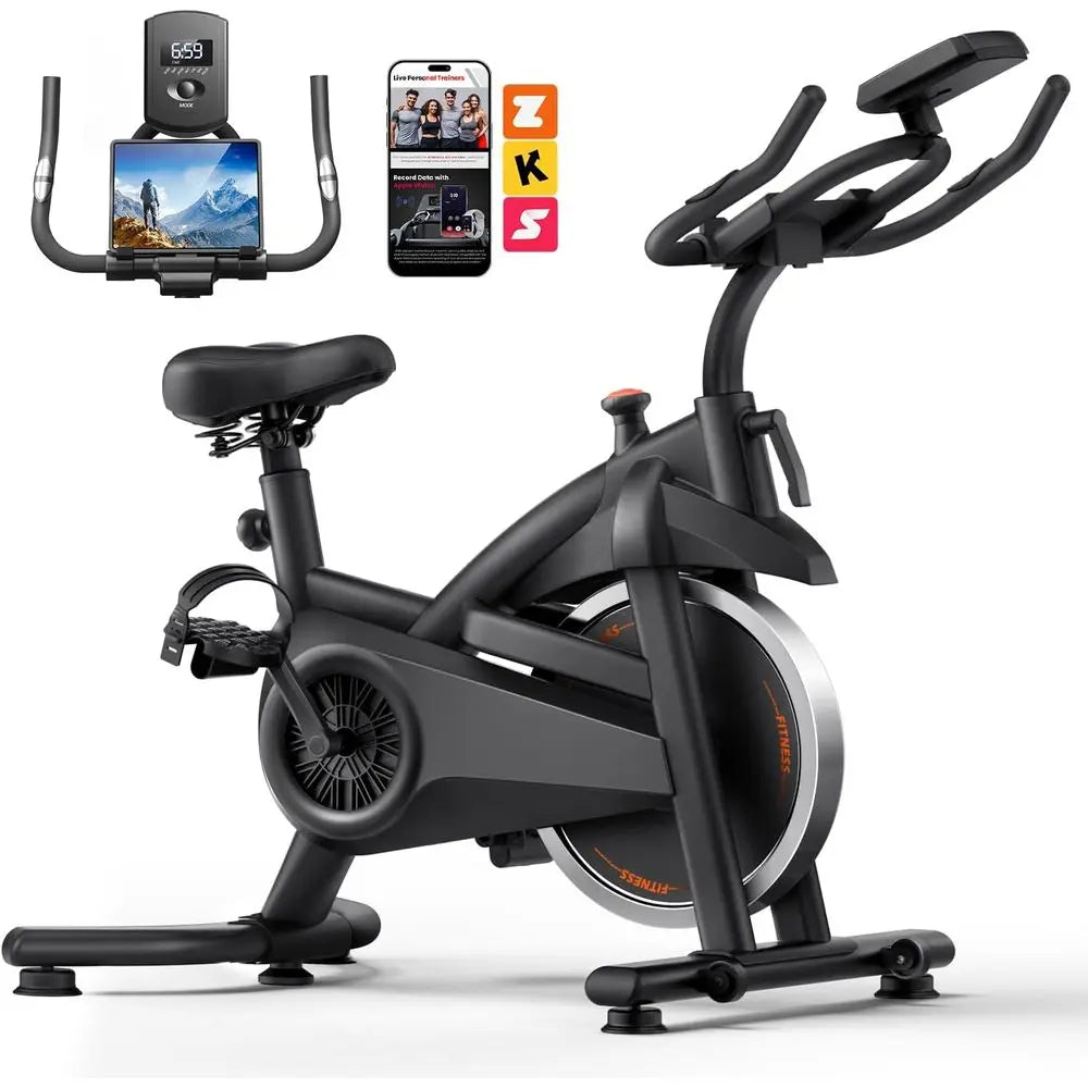 Stationary Exercise Bike Belt Drive Silent 0-100 Resistance With App Heart Rate Tablet Bottle Holder 300LB Home Cycling Workout