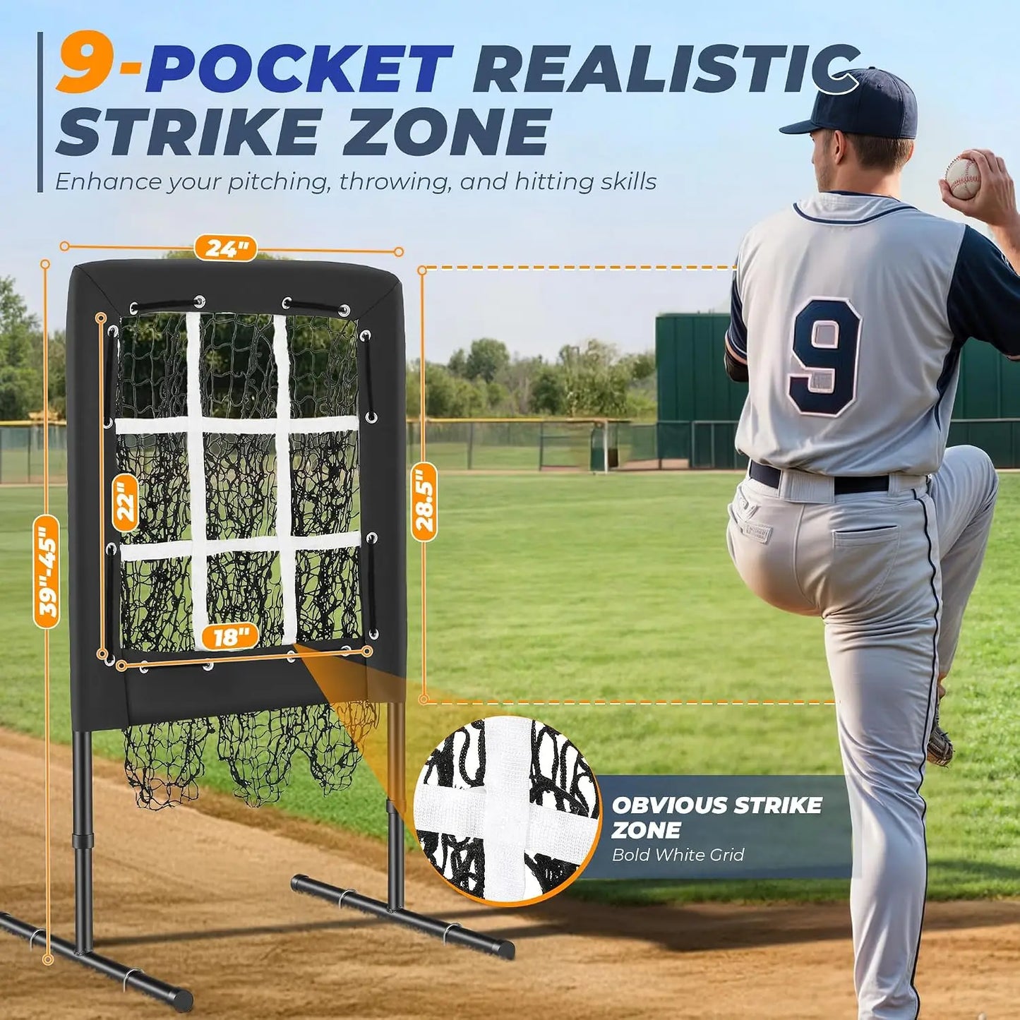 9 Hole Pitching Net, Portable Quick Setup Baseball Softball Nine Pocket Pitching Target with Strike Zone, Height Adjustable Pitcher Training Equipment with Carry Bag, 4 Ground Stakes