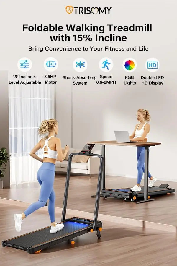 Walking Pad Treadmill with 15% Incline, Dual LED Display, 4-in-1 Foldable Treadmill for Home, 3.5HP 350LBS Capacity