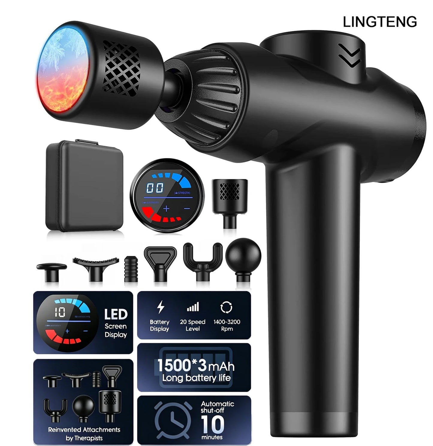 LINGTENGMassage gun with hot and cold functions, deep tissue massage gun, back and neck massager, muscle percussion massager, handheld massager, 7 massage heads, comes with storage case, Christmas gift, birthday gift, sports
