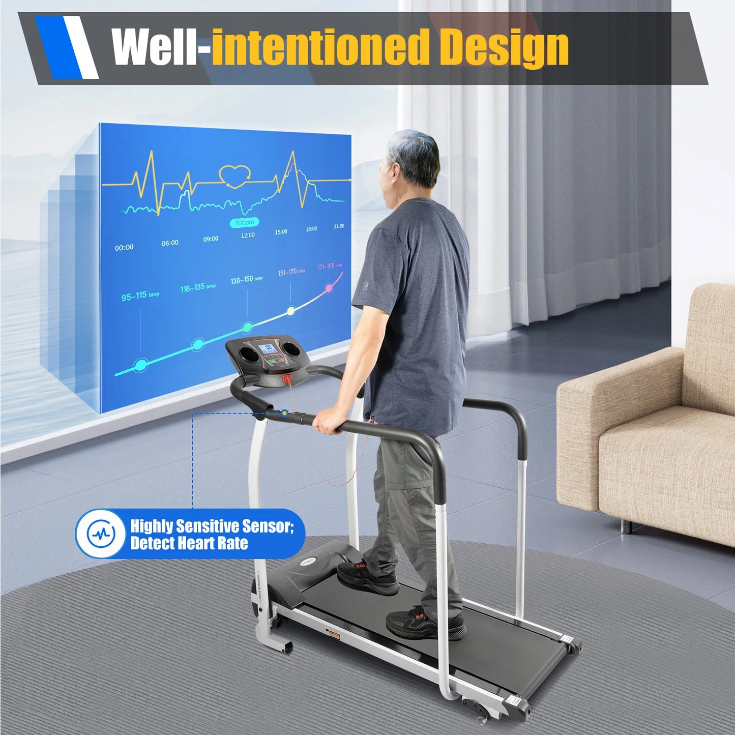 BulkHarbor Walking Treadmill with Long Handrail for Balance,  Recovery Fitness Exercise Machine Foldable,Adjustable Design