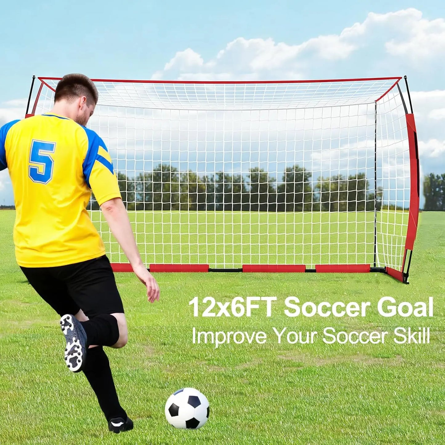 12x6 ft Steel Competition Soccer Goal, Foldable Heavy-Duty net with Metal Frame, high-Strength Fiberglass Support Poles, Includes Storage Bag & Ground Stakes