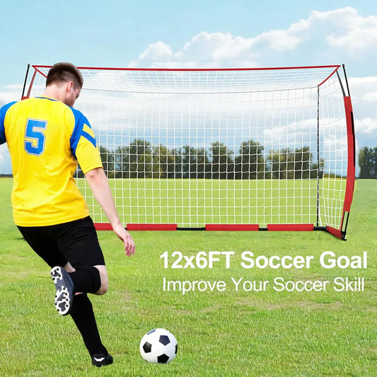 12x6 ft Steel Competition Soccer Goal, Foldable Heavy-Duty net with Metal Frame, high-Strength Fiberglass Support Poles, Includes Storage Bag & Ground Stakes