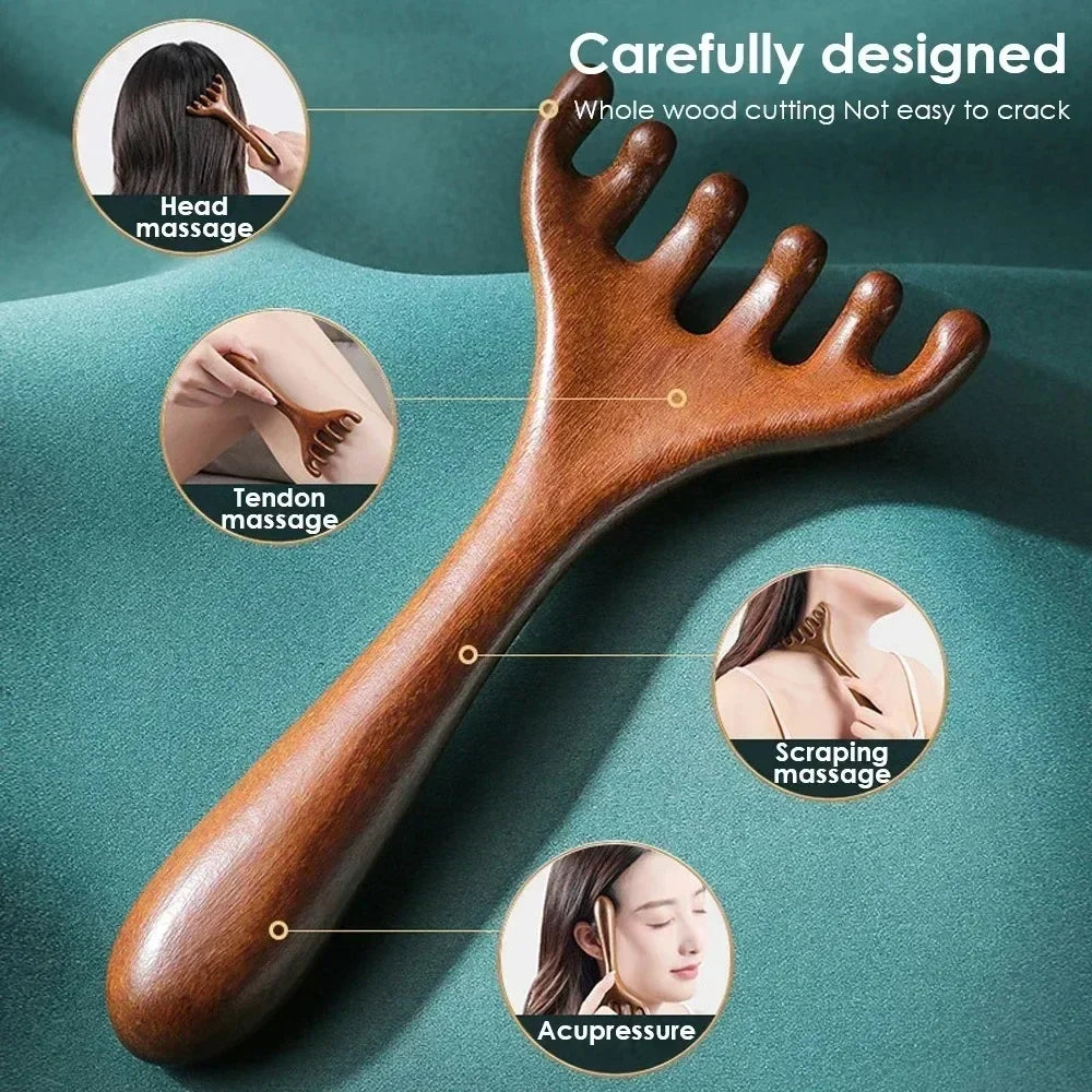Natural Golden Sandalwood Five-Claw Scalp Massager Gua Sha Tool Back Scratcher Spa Handheld Meridian Massage Comb Hair Care 2035
