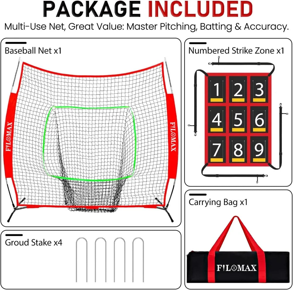 7x7 ft Baseball & Softball Practice Net with 9 Numbered Strike Zone | PRO Training Net for Hitting, Pitching & Batting | with Carry Bag, Bow Frame for All Ages & Skills
