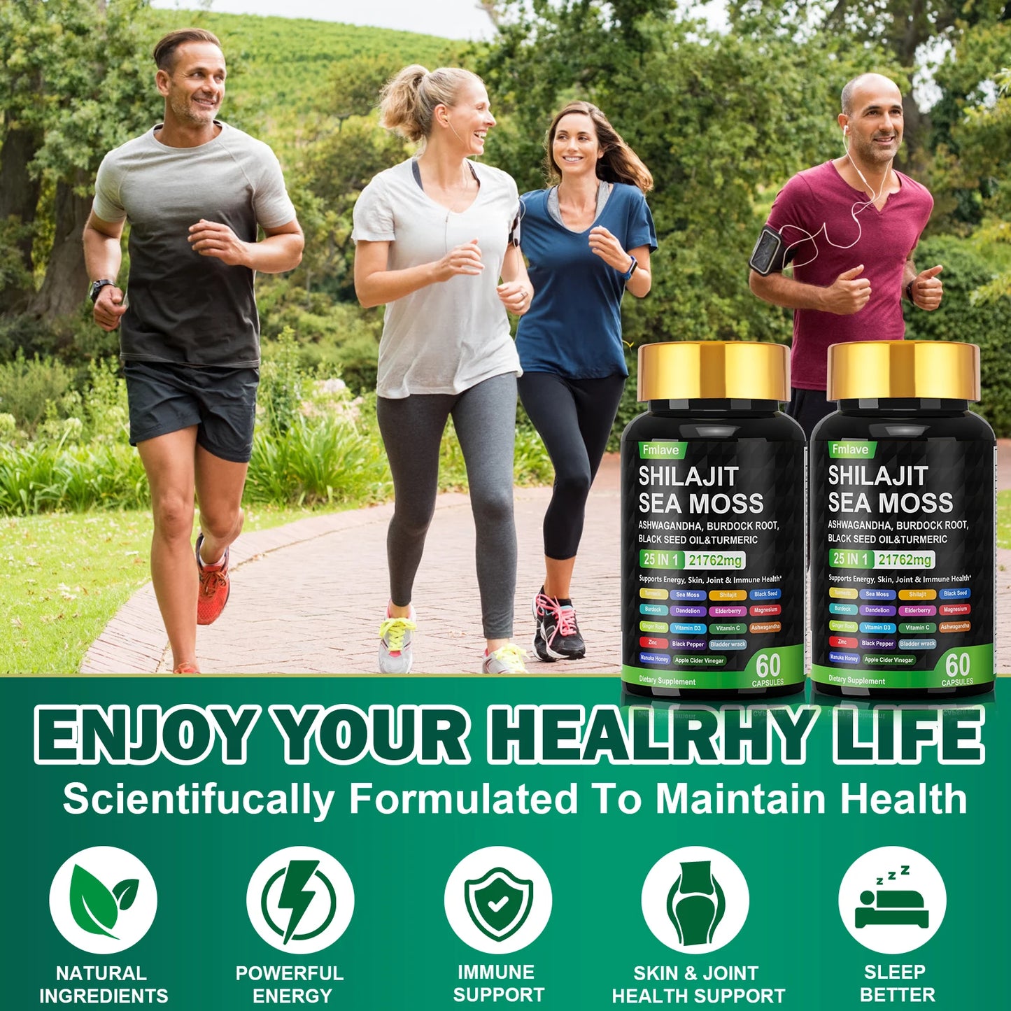 Sea Moss Shilajit Ashwagandha , Sea Moss Capsule Supplement with Turmeric Burdock Root Bladderwrack Vitamin C Vitamin D3 Enhanced Immunity & Energy Black Seed Oil Capsule