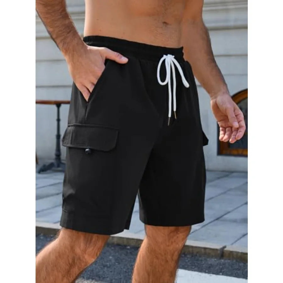 Runcati Mens Cargo Shorts Elastic Waist Drawstring Casual Work Shorts Summer Hiking Outdoor Shorts with 4 Pockets