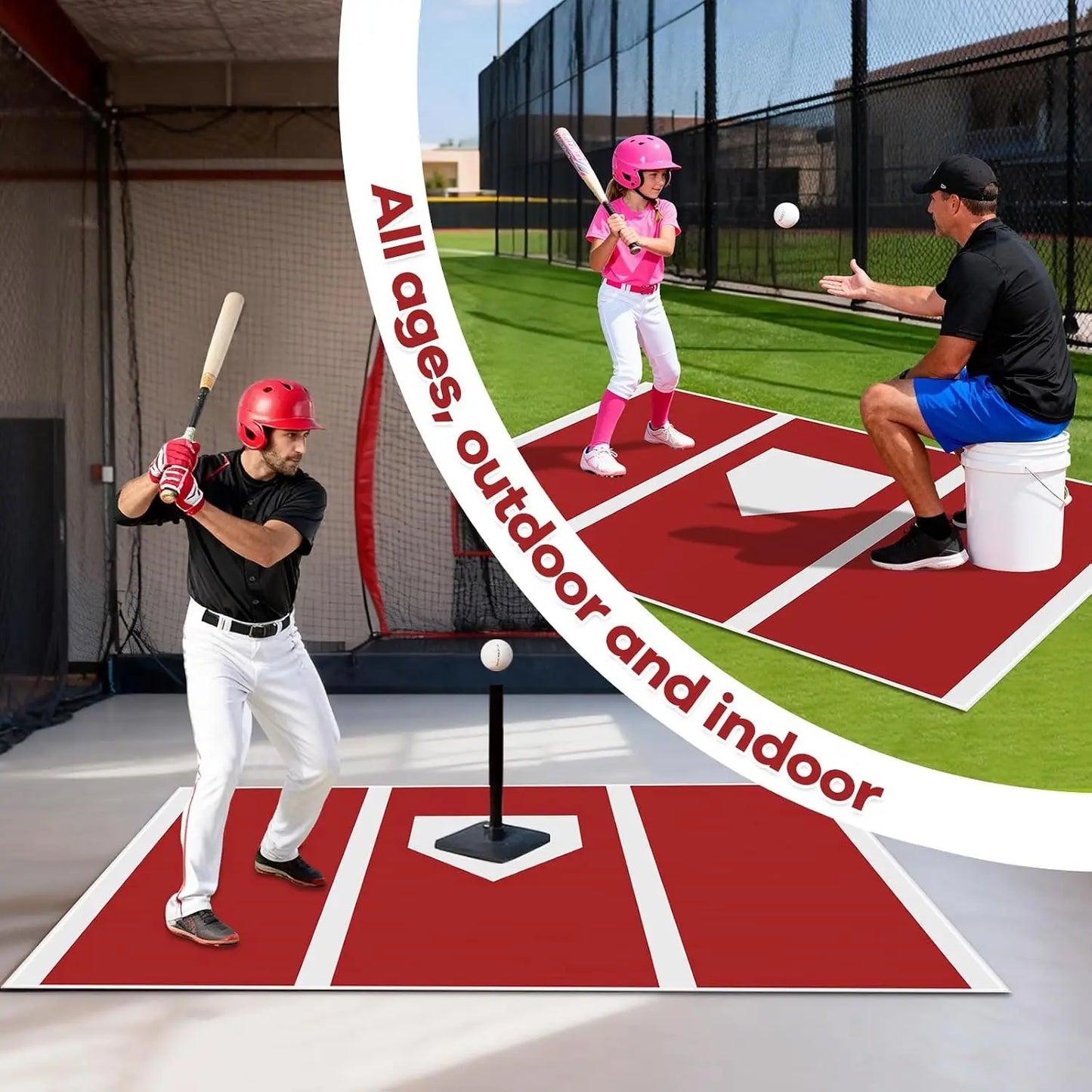 6 x 4 ft Baseball Hitting Mat with Non-Slip Rubber Backing, High-Visibility Stripes, Cushioned Surface, Durable Indoor/Outdoor Batting Mat, Portable Batting Stance Practice Mat