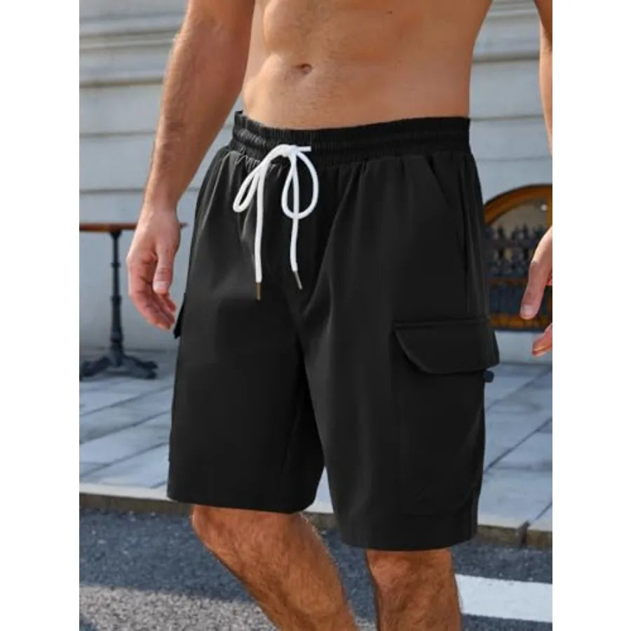 Runcati Mens Cargo Shorts Elastic Waist Drawstring Casual Work Shorts Summer Hiking Outdoor Shorts with 4 Pockets