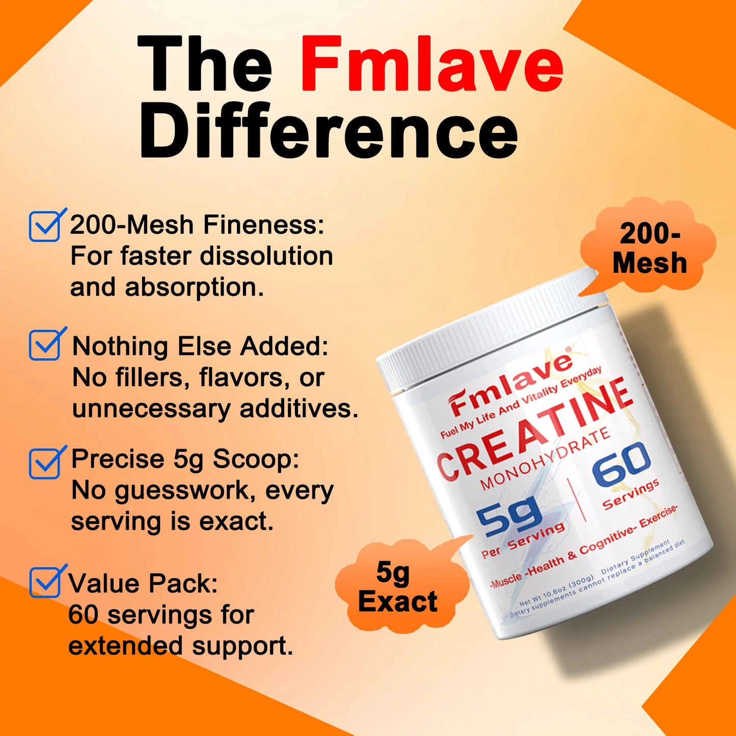 Fmlave Creatine Monohydrate Micronized Powder 300g - 60 Servings, 5000mg Per Serving (5g) - for Men & Women Muscle Growth & Recovery