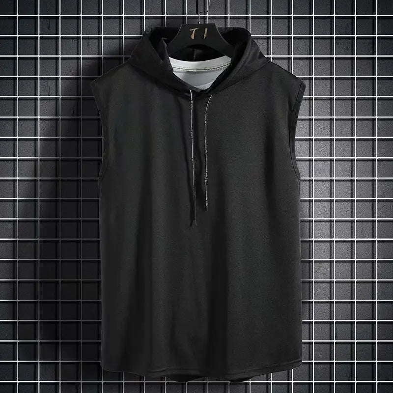 Men's lace up hooded sleeveless vest, men's summer loose solid color hip-hop T-shirt top, sports vest