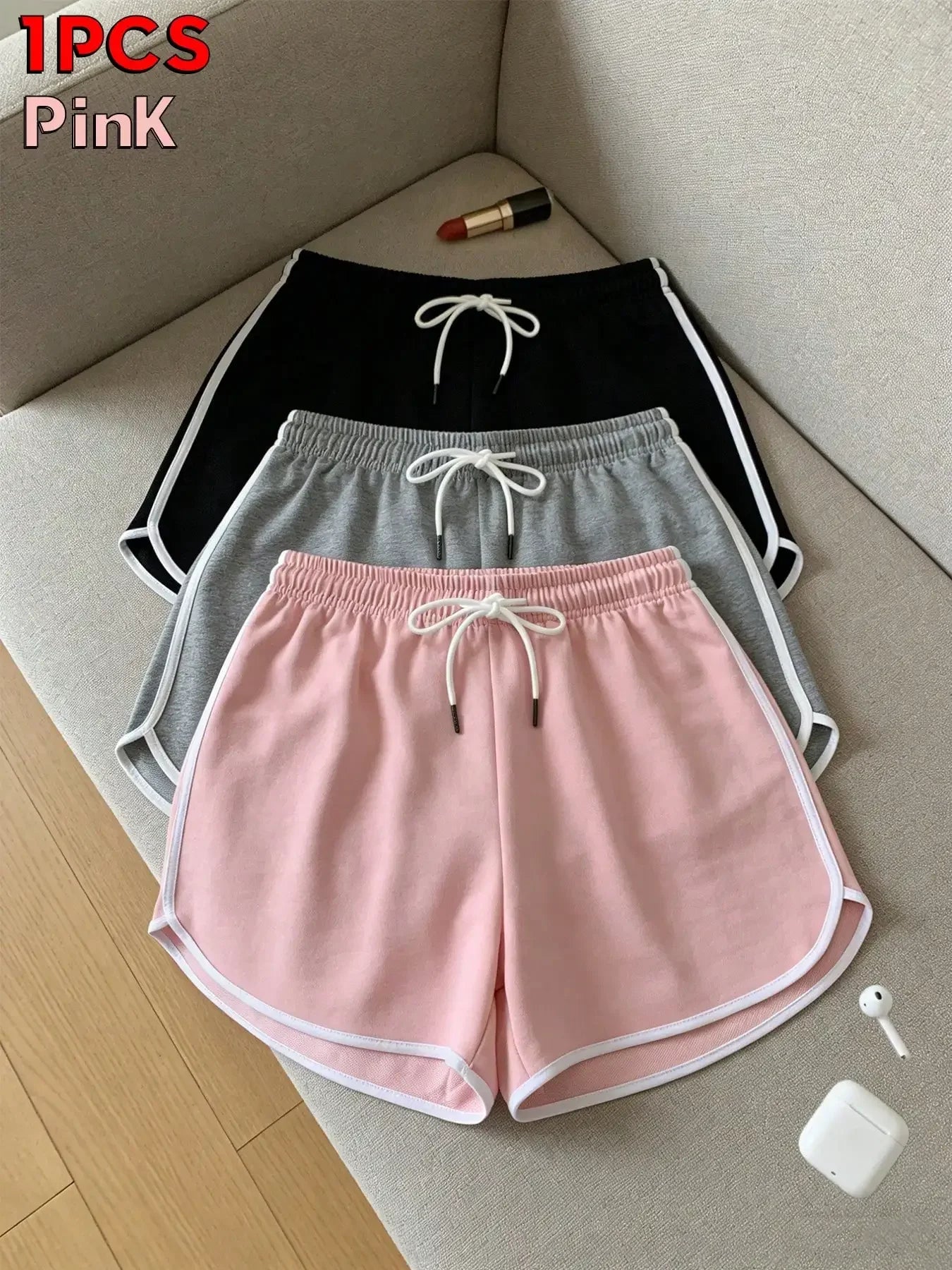 2026 Women's Summer Casual Sports Shorts, Black Base With White Trim, Elastic Drawstring Waist, Comfortable Breathable Outdoor Fitness Shorts