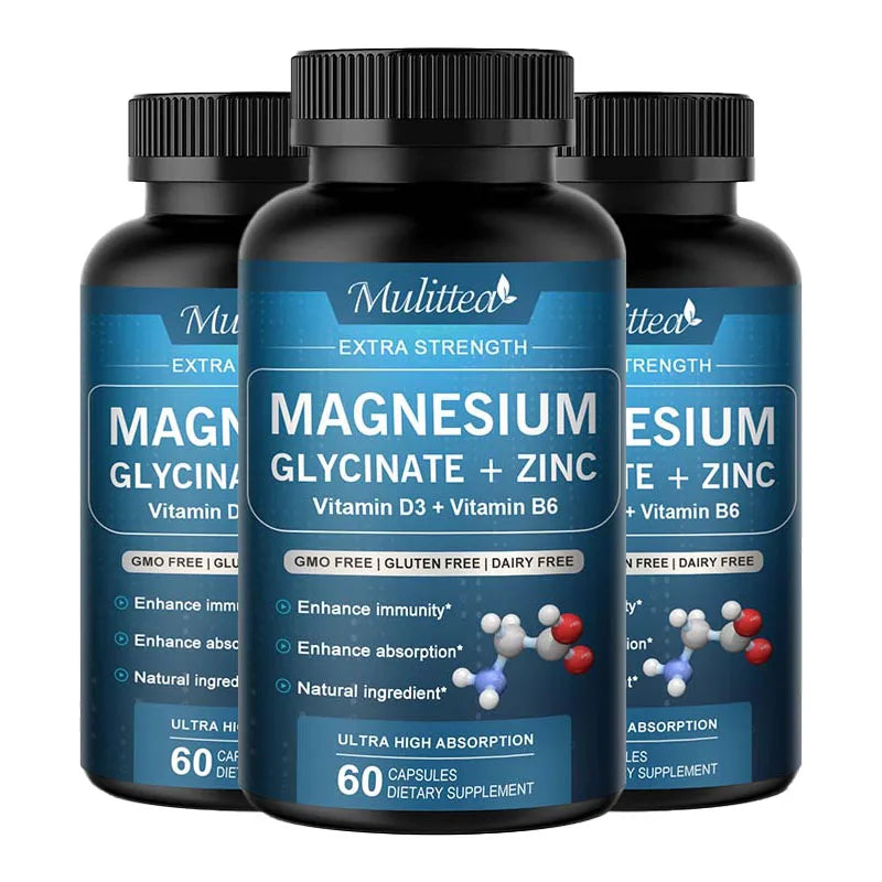 Mulittea Glycine Magnesium capsule with Zinc,Vitamin D3 B6 Health for Bones and Teeth Health Helps Natural Sleep Relieve Anxiety
