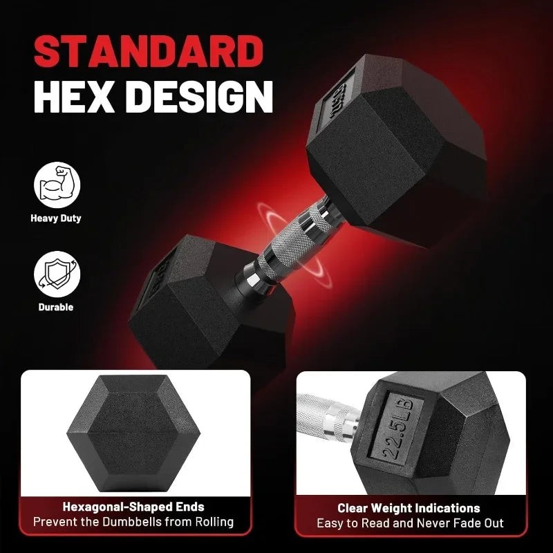 PAPABABE Hex Dumbbell Sets with Rack, 60-550lb Rubber Coated Dumbbell Weight Set and Storage Rack, Multiple