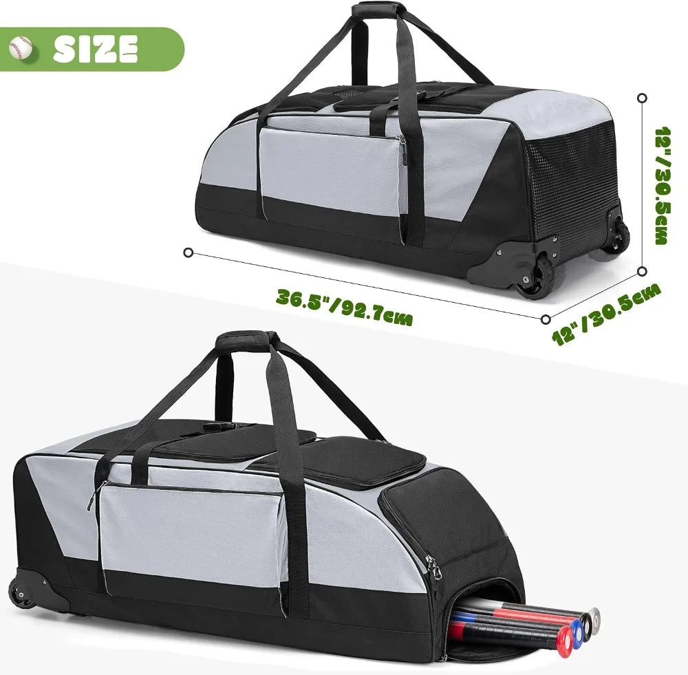 Rolling Baseball Softball Bag with Wheels for 4 Bats, Catchers Bag, Duffle Bag with Separate Shoe Space and Multiple Pockets for Gear, Gray