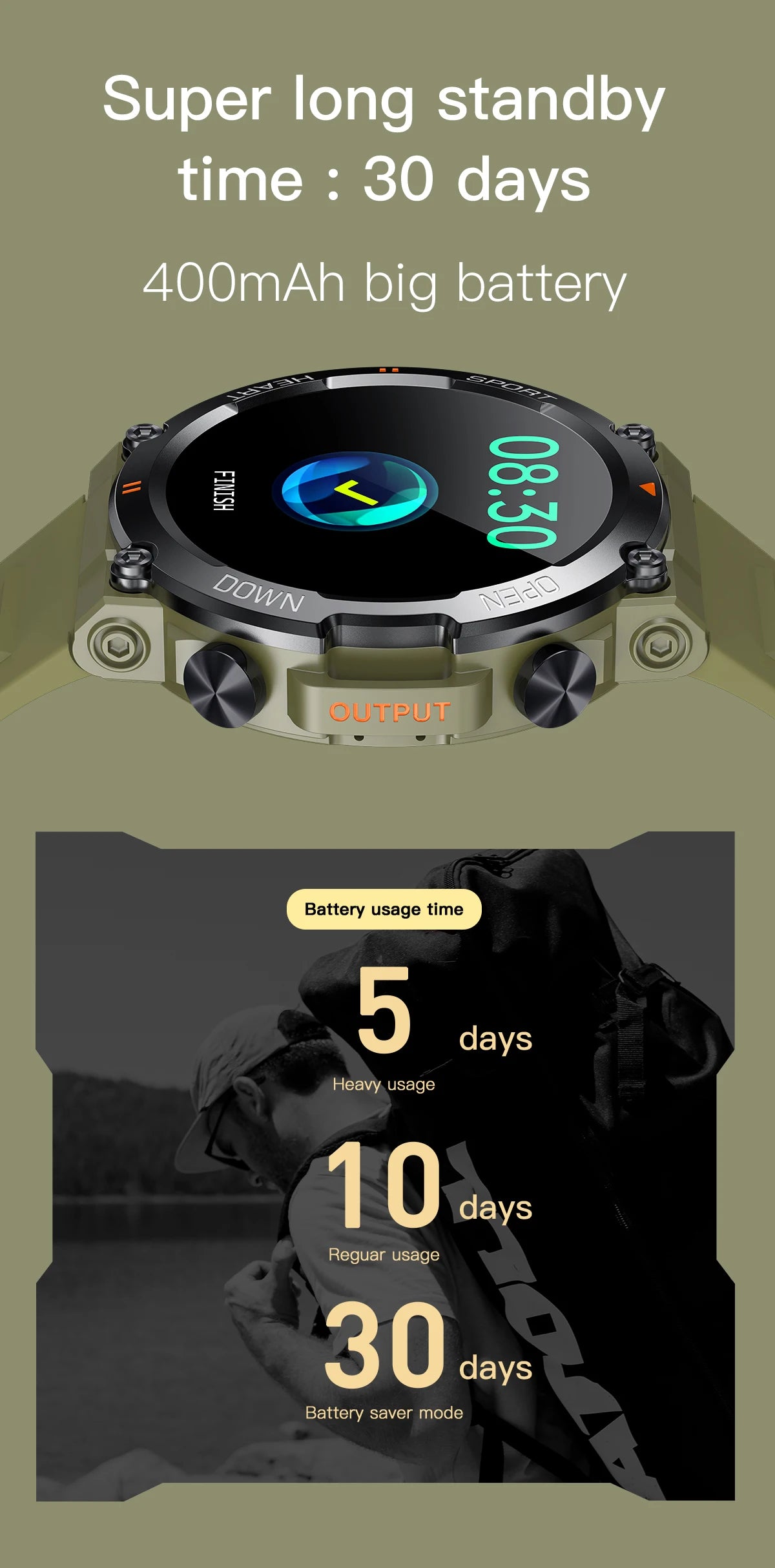SENBONO Men's Smart Watch  Big Screen Bluetooth Call 400mAh Military Outdoor Sports Fitness Tracker Smartwatch Men Women K56