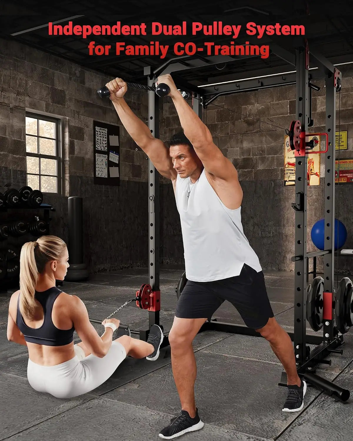Multi-Functional Power Rack for Home Gym – Dual Pulley Cable System, 1200 lb Capacity Squat Cage with Training Attachments, Red