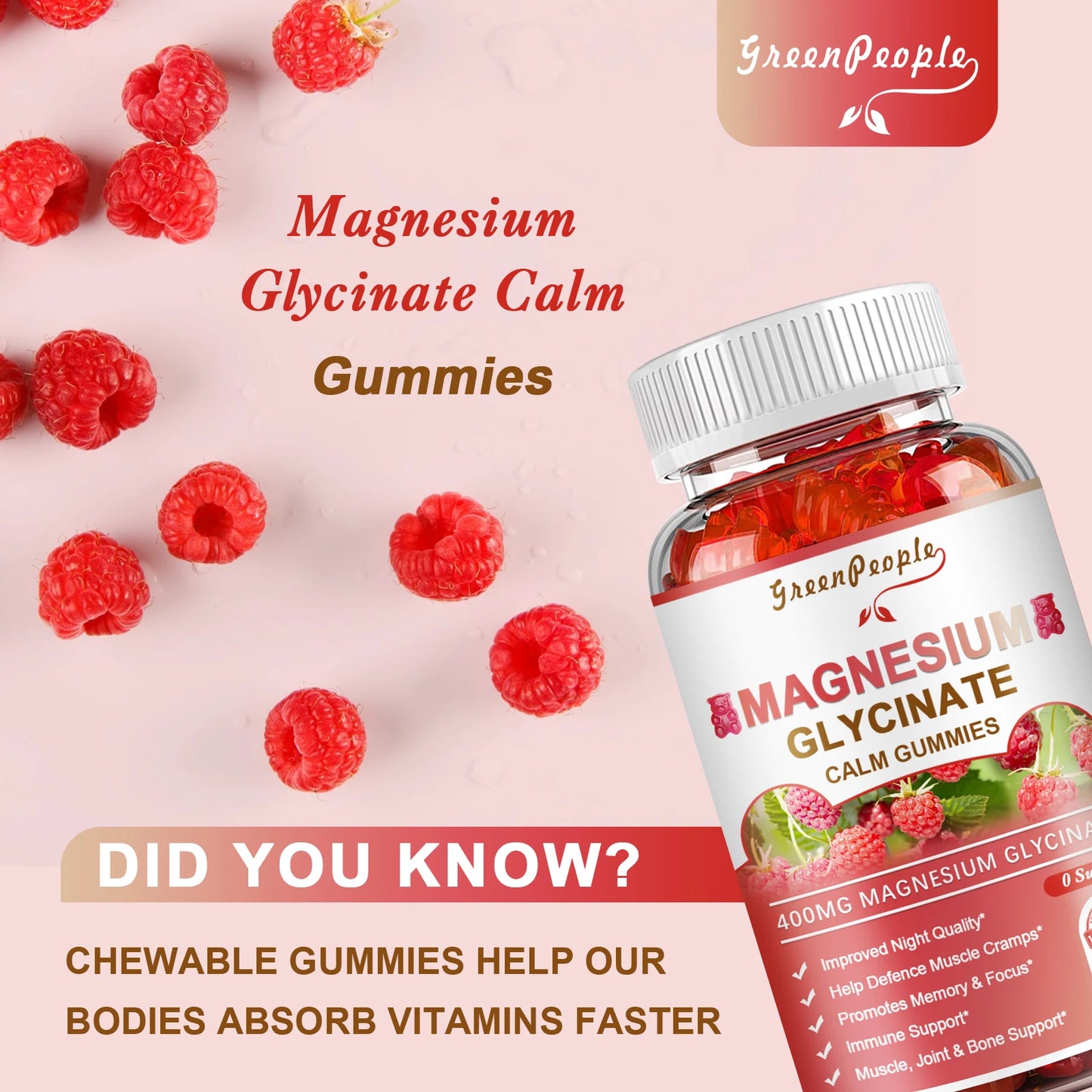 Greenpeople Magnesium Glycinate Gummies with Magnesium Malate,Vitamin D,B6 & CoQ10 for Calm Support & Sleep for Adults Raspberry