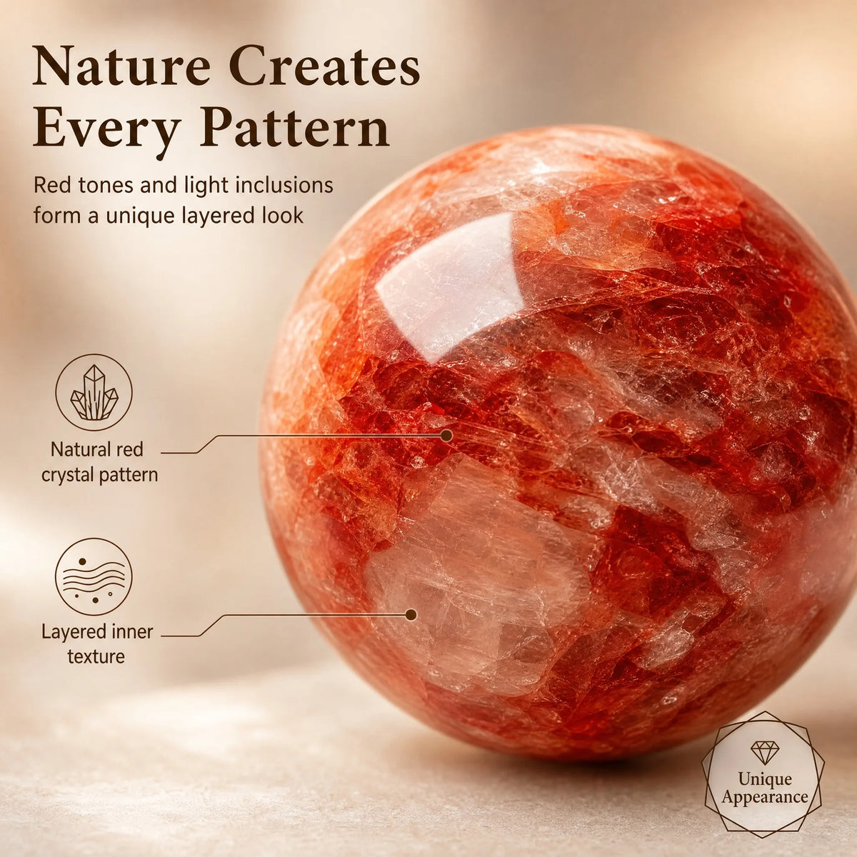 A red gel flower crystal ball, polished round body, random style, suitable for home decoration, tabletop or fireplace frame, elegant gift for Christmas, Valentine's Day, Mother's Day, Thanksgiving, elegant design, polished su