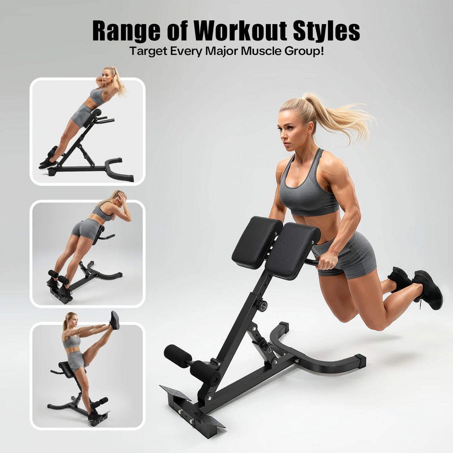 Back Extension Roman Chair Steel Frame Foldable Hyperextension Bench 5 Incline Angles 8 Adjustable Abdominal Pad Length 150Kg Load Capacity Multi-functional Core Workout Bench Anti-slip Handle Pedal Home Gym Fitness Equipment