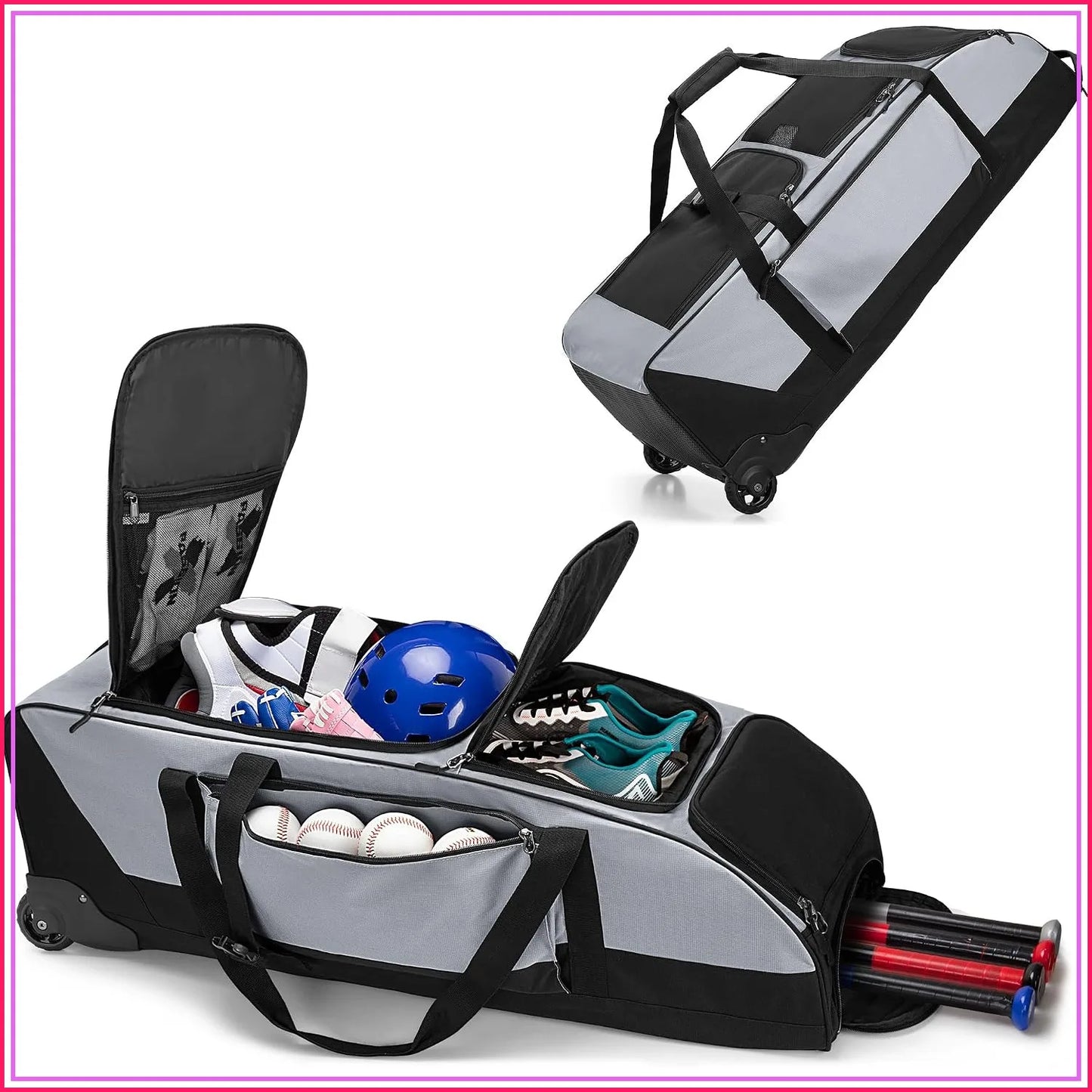 Rolling Baseball Softball Bag with Wheels for 4 Bats, Catchers Bag, Duffle Bag with Separate Shoe Space and Multiple Pockets for Gear, Gray