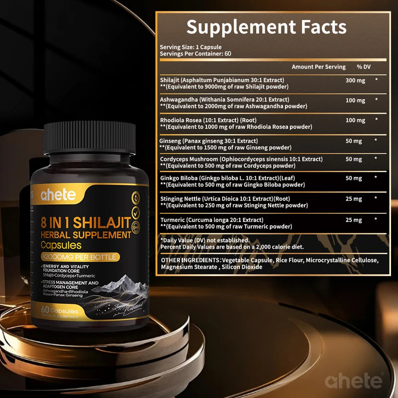 AHETE 8-in-1 Shilajit Capsules - Sports & Health Supplement Capsules With Shilajit, Indian Ginseng, Rhodiola Rosa, Cordyceps.