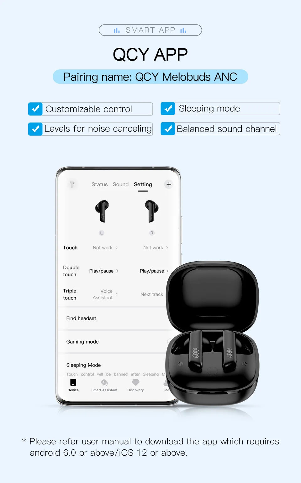 QCY HT05 MeloBuds ANC Wireless Earphone 40dB Noise Cancelling Bluetooth 5.2 Headphone 6 Mic ENC HD Call Earbud Transparency Mode