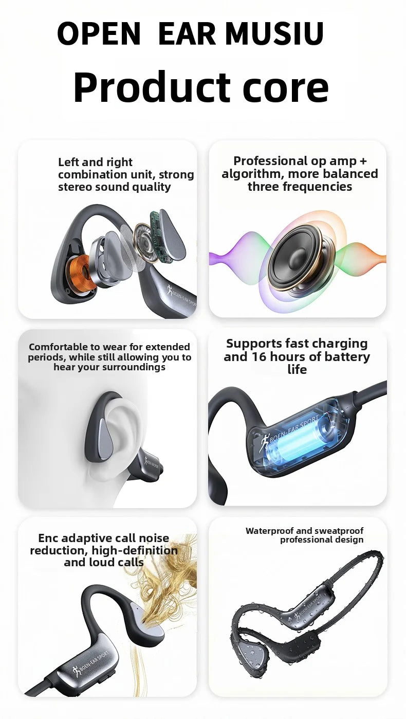 Bone Conduction Wireless Bluetooth Headphones Bluetooth 6.0 Sport Earphones Water And Sweat Proof Headset HD Call  Bluetooth Headphones With Mic
