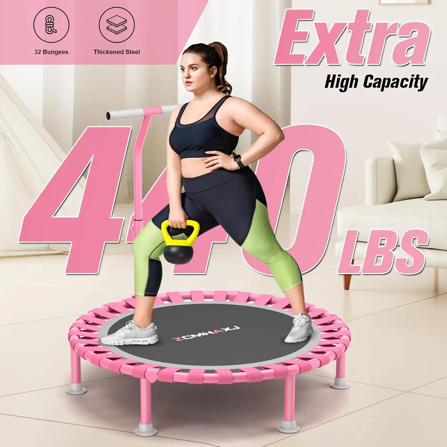40" Foldable Mini Trampoline, 450lbs Capacity with T-Shaped Adjustable Bar for Adults & Kids, Indoor Fitness Rebounder