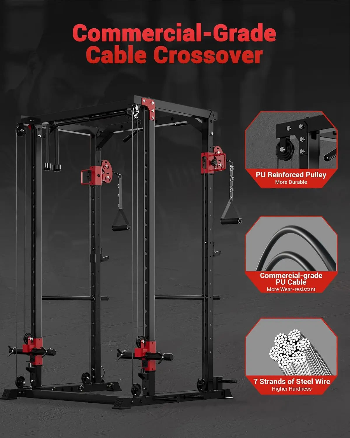 Multi-Functional Power Rack for Home Gym – Dual Pulley Cable System, 1200 lb Capacity Squat Cage with Training Attachments, Red