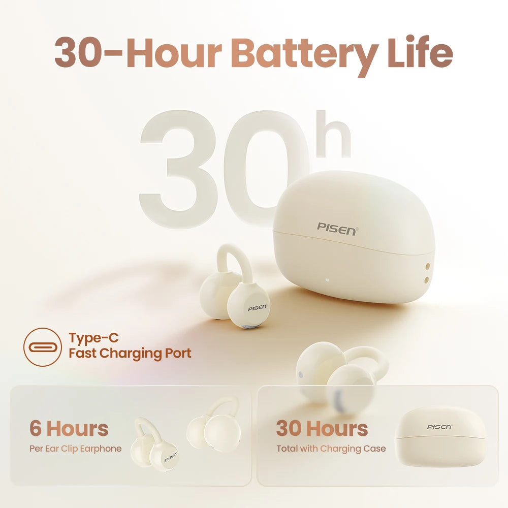 PISEN Wireless Bluetooth 6.0 Hi-Res Ear Clip Earphones 360° Directional Sound Field Long Battery Life Sports Clip Earbuds 30H Pl