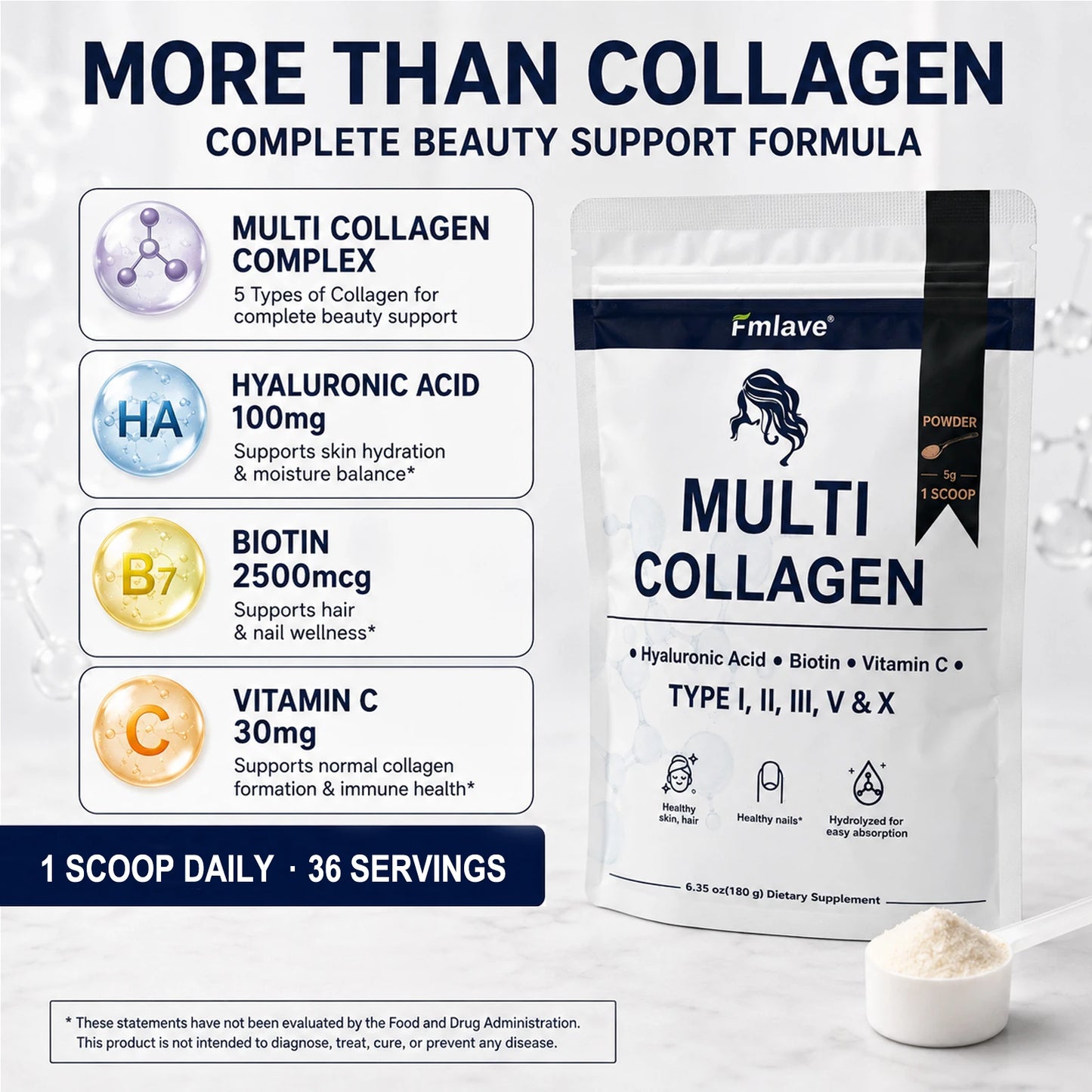 Fmlave  Ingredients Multi Collagen Peptides Powder,  – Hydrolyzed Type I,II,III,V,X with Biotin, Hyaluronic Acid, Vitamin C – Unflavored Collagen for Women & Men, Easy Dissolve