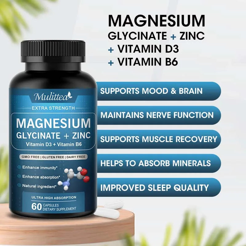 Mulittea Glycine Magnesium capsule with Zinc,Vitamin D3 B6 Health for Bones and Teeth Health Helps Natural Sleep Relieve Anxiety