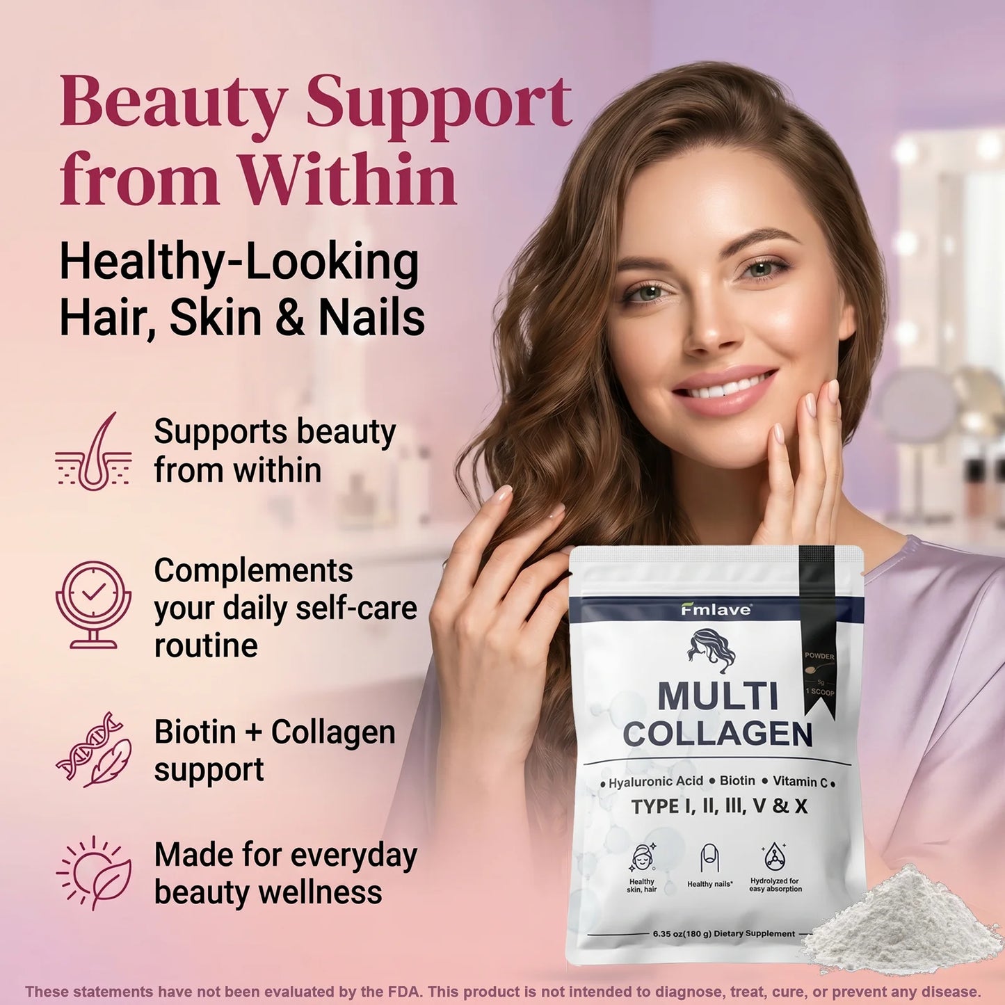 Fmlave  Ingredients Multi Collagen Peptides Powder,  – Hydrolyzed Type I,II,III,V,X with Biotin, Hyaluronic Acid, Vitamin C – Unflavored Collagen for Women & Men, Easy Dissolve