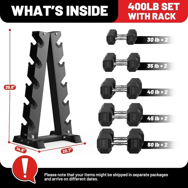 PAPABABE Hex Dumbbell Sets with Rack, 60-550lb Rubber Coated Dumbbell Weight Set and Storage Rack, Multiple